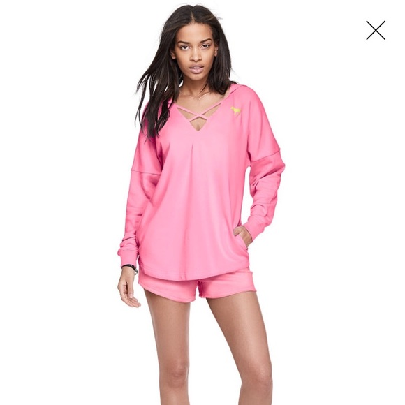 PINK strappy front hoodie tunic, xsmall - Picture 2 of 8